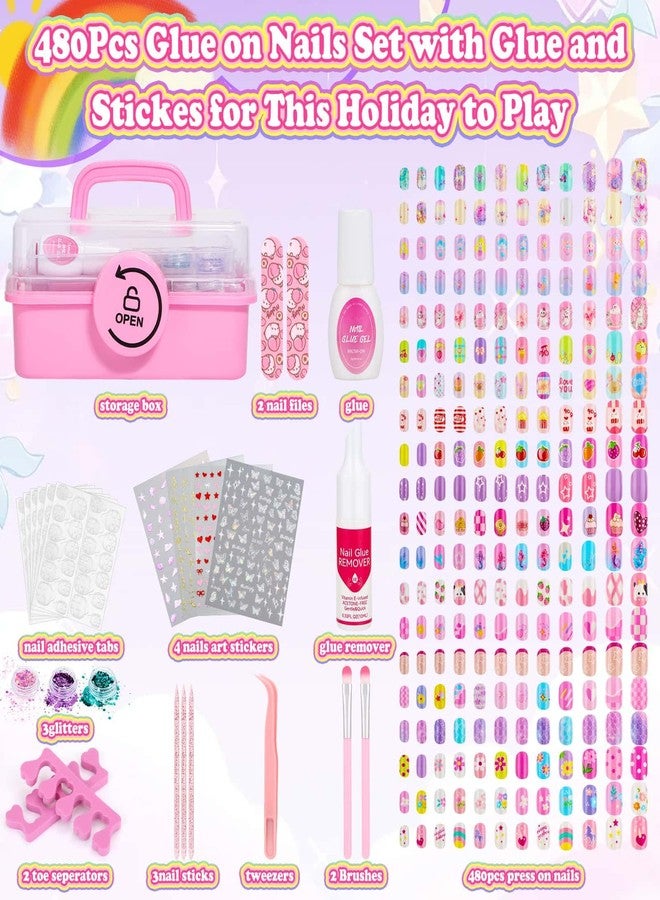 Audab 480 Pcs Kids Nails and Glue, Girls Press ons Nail Art Kit with Storage Case, Fake Nails Adhesive, Remover, Stickers, Glitter Cute Stuff Gift for Girls 8-12 - Image 5